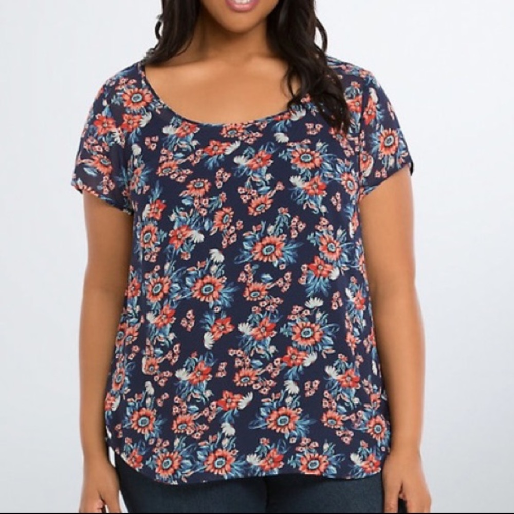 torrid navy floral chiffon drape back top